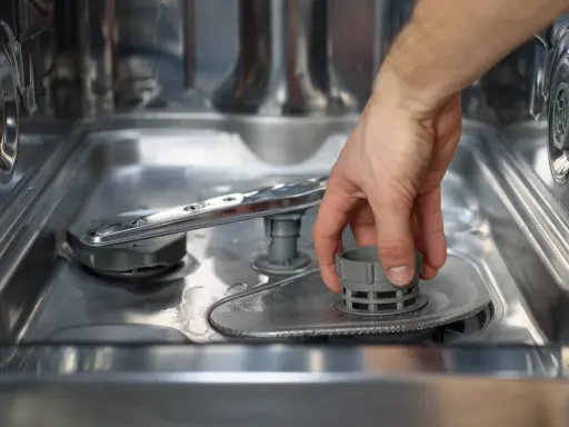 Main d'homme retirant le filtre du lave-vaisselle, une étape avant le nettoyage avec de l'acide citrique.