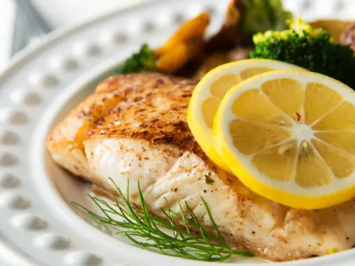 Pieczony halibut z cytryną i koperkiem, podany z pieczonymi ziemniakami i brokułami. Zdrowe danie, które nie musi mieć wielu halibut kcal.