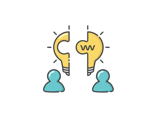 Dwie połówki żarówki symbolizujące pomysł, połączone przez dwie postacie. To metafora współpracy i innowacji w marketingu lateralnym.