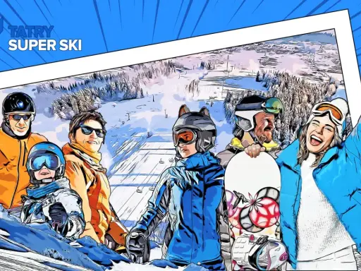 Grupa narciarzy i snowboardzistów na tle ośnieżonych stoków Tatr.