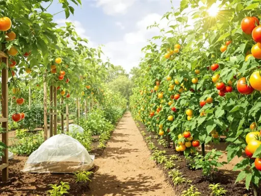 Rangées de plants de tomate roma sans tuteur, chargés de fruits rouges et jaunes, sous un soleil éclatant.