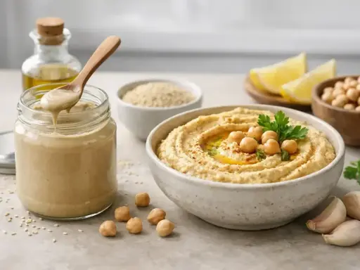 Pyszny hummus z ciecierzycą, czosnkiem i oliwą. Słoik z kremowym tahini, które jest kluczowym składnikiem.