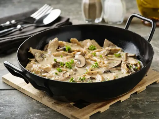 Herzhaftes geschnetzeltes mit Pilzen in cremiger Sauce, garniert mit Petersilie, serviert in einer schwarzen Pfanne.