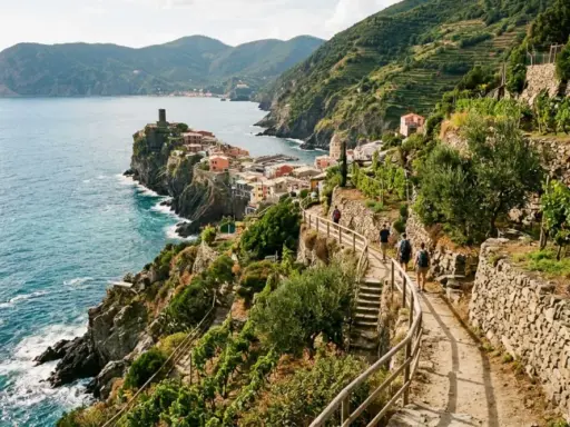 Sentiero panoramico tra i vigneti delle Cinque Terre, con vista sul mare blu e sui colorati borghi aggrappati alla scogliera.