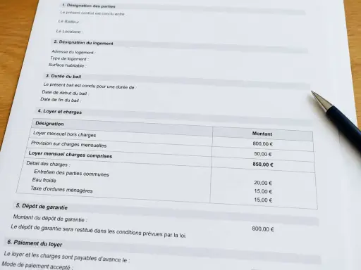 Extrait d'un contrat de bail location détaillant le loyer mensuel hors charges (800€), les provisions sur charges (50€) et le dépôt de garantie (800€).