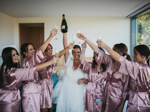 Novia y damas de honor brindan con champán, ¡ideas para despedidas llenas de alegría y celebración!
