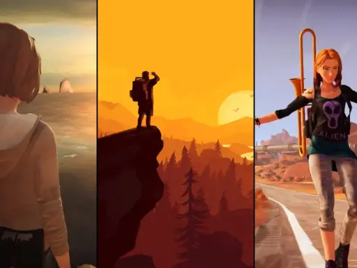 Trzy sceny z gier: dziewczyna nad morzem, podróżnik na klifie, dziewczyna na rolkach. Gry podobne do Life is Strange.