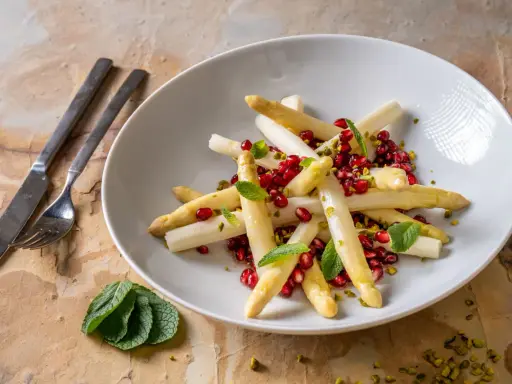 Weißer Spargel mit Granatapfelkernen und Minze, eine histaminarme Delikatesse.