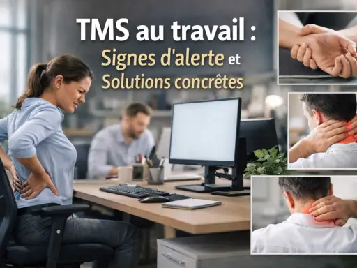 Prévention TMS : une femme souffre du dos au bureau. L'ergonomie et les solutions concrètes sont clés pour éviter ces troubles.