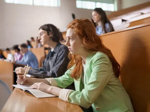 Studentka z rudymi włosami skupiona na wykładzie, robi notatki. Jej kolega obok również studiuje psychologię.
