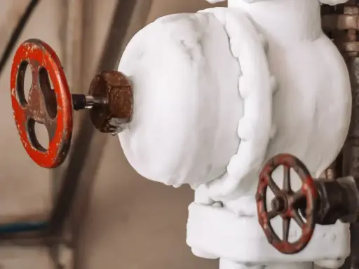 Válvulas de control de la presión de agua en casa, cubiertas de escarcha.