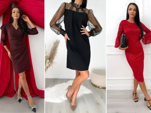 Eleganckie sukienki na walentynki: błyszcząca bordowa, czarna z koronką i czerwona koronkowa. Inspiracje na romantyczny wieczór.