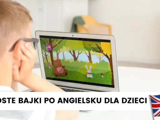 Chłopiec ogląda bajki po angielsku dla dzieci na laptopie. Na ekranie wesoła grafika z misiem i zającem.