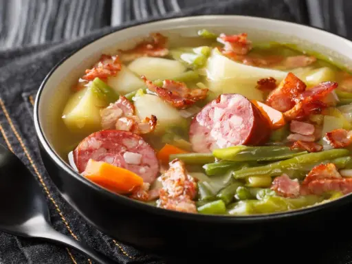 Un plat réconfortant de spécialités Metz : une soupe garnie de saucisses, lardons, pommes de terre et haricots verts.