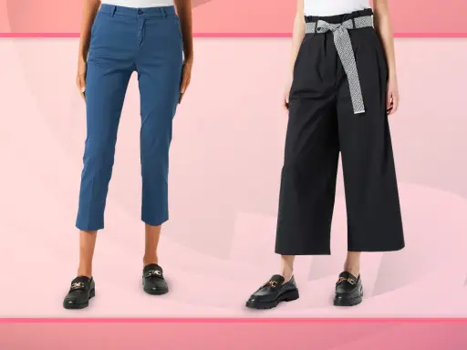 Due modelli di pantaloni cropped outfit: blu slim fit e neri ampi con cintura.