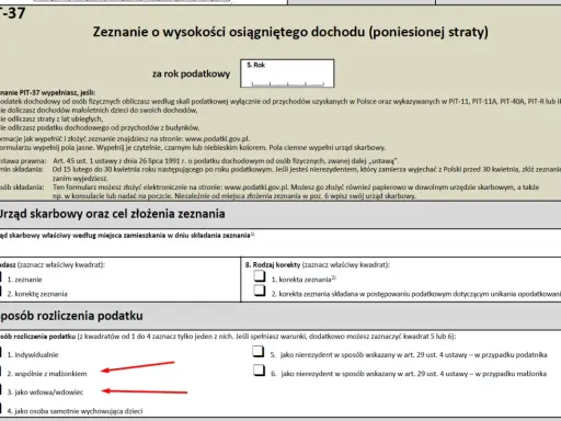 Formularz PIT-37, sekcja "Sposób rozliczenia podatku". Zaznaczone opcje "wspólnie z małżonkiem" i "jako wdowa/wdowiec" mogą sugerować podział majątku po śmierci lub rozwodzie, co jest istotne dla firmy męża.