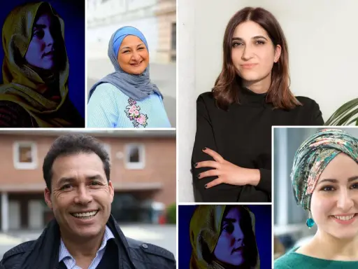 Fünf Frauen und ein Mann. Die Frauen tragen Kopftücher, die Frage "wer darf mich ohne Kopftuch sehen" wird durch die Vielfalt der Darstellungen aufgeworfen.