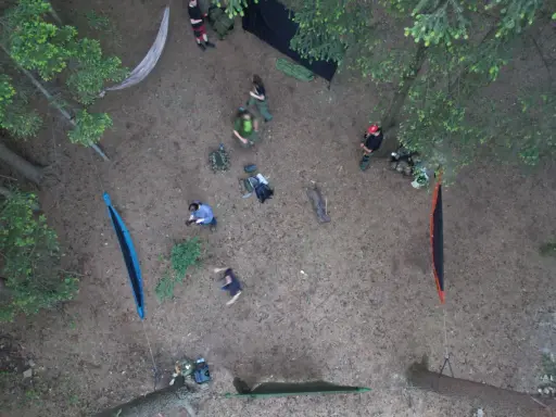 Ludzie rozbijają obóz w lesie, stosując zasady "leave no trace". Widać hamaki, plecaki i namiot.