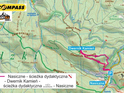 Mapa turystyczna z zaznaczoną ścieżką dydaktyczną "Dwernik Kamień" prowadzącą przez malownicze tereny górskie.