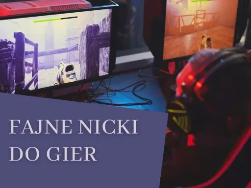 Gracz w słuchawkach z podświetleniem LED gra w grę na komputerze. Na ekranie widać postać z bronią. Tekst "Fajne nicki do gier" sugeruje inspiracje dla graczy.