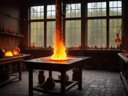 Ett glödande inferno i ett glasbruk i Småland. Verktyg och glasföremål väntar på att formas av elden.