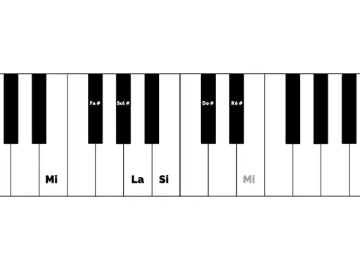 Clavier de piano montrant les notes Mi, La, Si et Mi. Les touches noires Fa#, Sol#, Do#, Ré# sont aussi visibles.