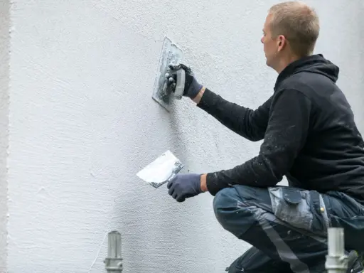 Artisan appliquant un enduit gratté sur un mur extérieur.