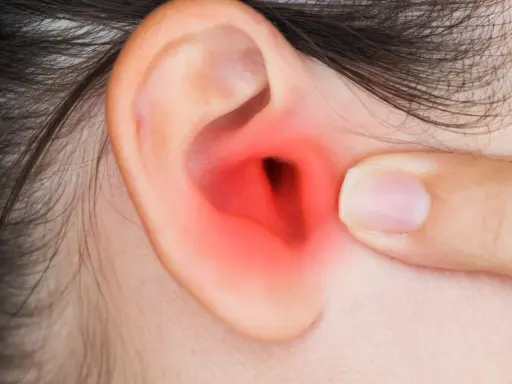 Dito un orecchio con un'area rossa che indica infiammazione, forse dovuta a pseudomonas aeruginosa orecchio.