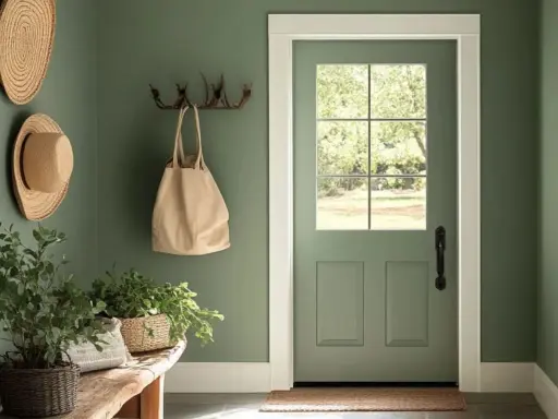 Un recibidor pintado en verde musgo, con sombreros de paja, plantas y un bolso. Inspírate para saber como pintar una habitacion.