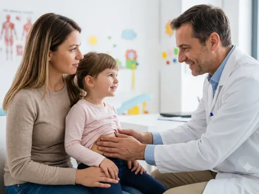 Medico esamina addome bambina con madre, preoccupati per possibile tumore di Wilms.