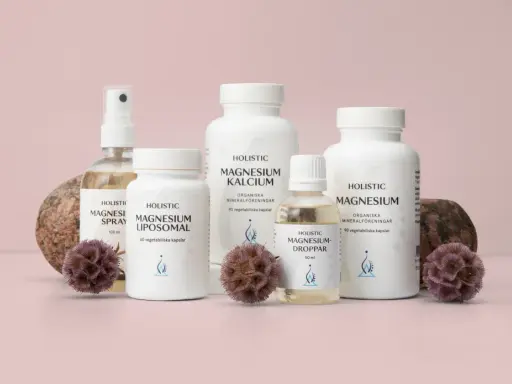 Holistic magnesiumprodukter, inklusive spray, liposomala kapslar, droppar och magnesiumkalcium. Kan vara ett stöd vid klimakteriet.