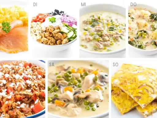 Sieben leckere keto rezepte für jeden Tag der Woche: Rührei mit Lachs, Hähnchensalat, Linsensuppe, Brokkoli-Auflauf, Hackfleischpfanne, Hühner-Gemüse-Eintopf, Omelett.