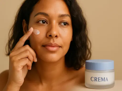Donna applica crema idratante sul viso, prendendosi cura della sua pelle delicata. Un vasetto di crema è accanto a lei.
