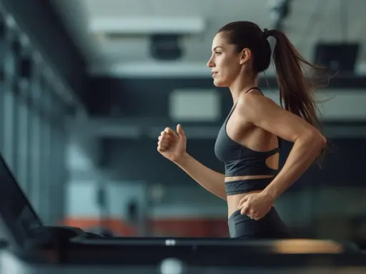 Frau im Fitnessstudio beim Laufband Training, konzentriert und in Bewegung.