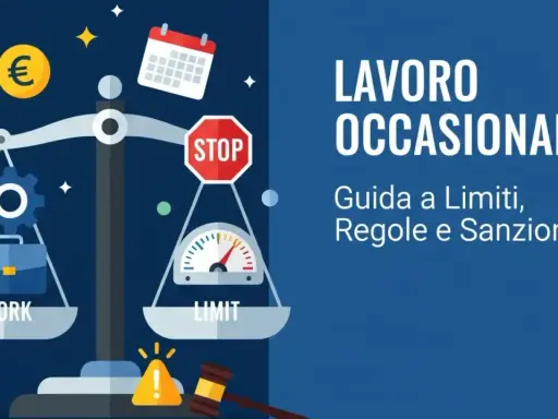 Bilancia con valigetta e ingranaggi da un lato (lavoro) e tachimetro con stop dall'altro (limiti). Titolo: Lavoro Occasionale.