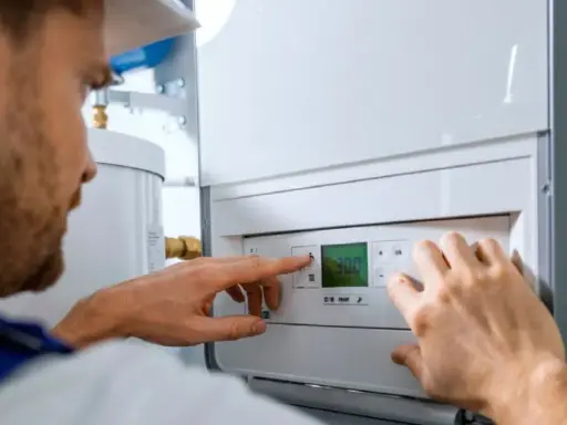 Técnico ajustando la temperatura en un calentador de gas butano. La pantalla digital muestra 30.0 grados.