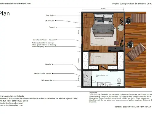 Plan d'une suite parentale en enfilade de 26m2, comprenant chambre, dressing, salle de douche et terrasse.