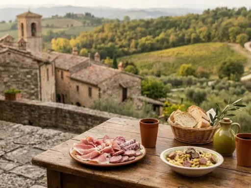 Un perfetto weekend in Umbria: salumi, pasta al tartufo e pane fresco con vista su borgo e colline.