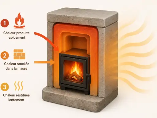 Le poêle de masse français, avec son cœur de feu, produit rapidement la chaleur qui est ensuite stockée dans sa masse pour une restitution lente et constante.
