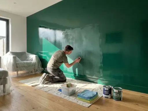 Hombre lijando pared verde brillante, preparándose para pintar. Muebles cubiertos, latas de pintura a mano.
