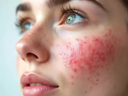 Gros plan sur le visage d'une jeune femme aux yeux verts, montrant une peau rougie et irritée sur la joue, soulevant la question : pourquoi la peau gratte-t-elle ?