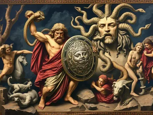 Perseus hält die abgetrennte Medusa, ein Motiv aus griechischen Sagen. Ein Pferd und ein Ziegenbock sind ebenfalls zu sehen.
