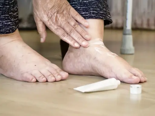 Osoba smaruje stopę kremem, łagodząc ból dużego palca w stopie, który może być związany z cukrzycą.