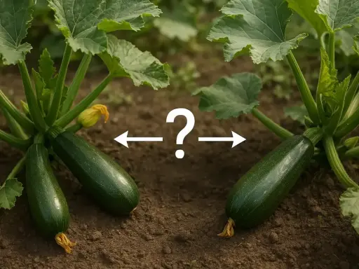 Plan de courgette : deux courgettes vertes poussent sur leur plant, séparées par un point d'interrogation.