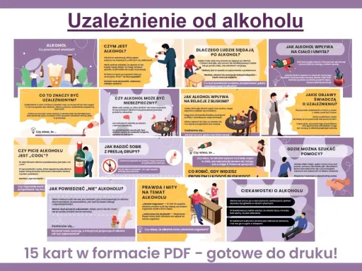 Plakat o szkodliwości alkoholu. Dowiedz się, czym jest alkohol, dlaczego ludzie po niego sięgają i jak wpływa na ciało i umysł.