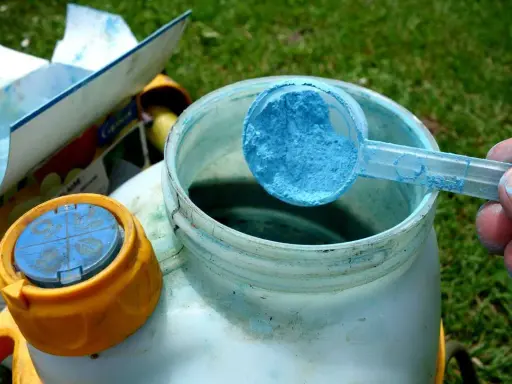 Préparation du traitement choux bouillie bordelaise. Une cuillère bleue de poudre est versée dans un pulvérisateur.