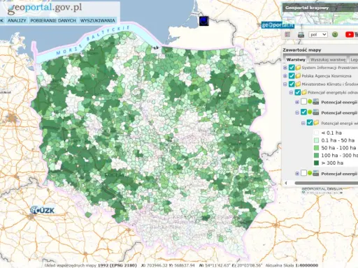 Mapa potencjału energii wiatrowej na lądzie w Polsce. Kiedy ustawa oze wejdzie w życie, takie dane będą kluczowe.