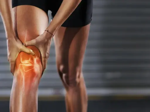Sportlerin hält schmerzendes Knie, das rot leuchtet. Deutliche Knieschmerzen innenseite.