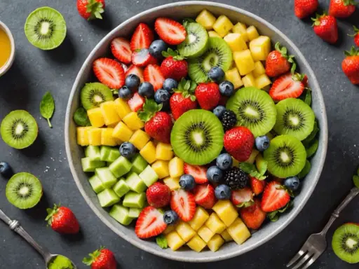 Un bol coloré de salade de fruits printemps : fraises, kiwis, ananas, myrtilles et mûres. Parfait pour un repas léger et rafraîchissant.