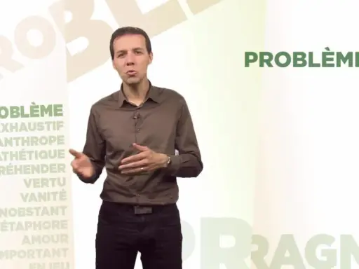 Un homme parle devant une liste de mots, dont "problème" et son synonyme.